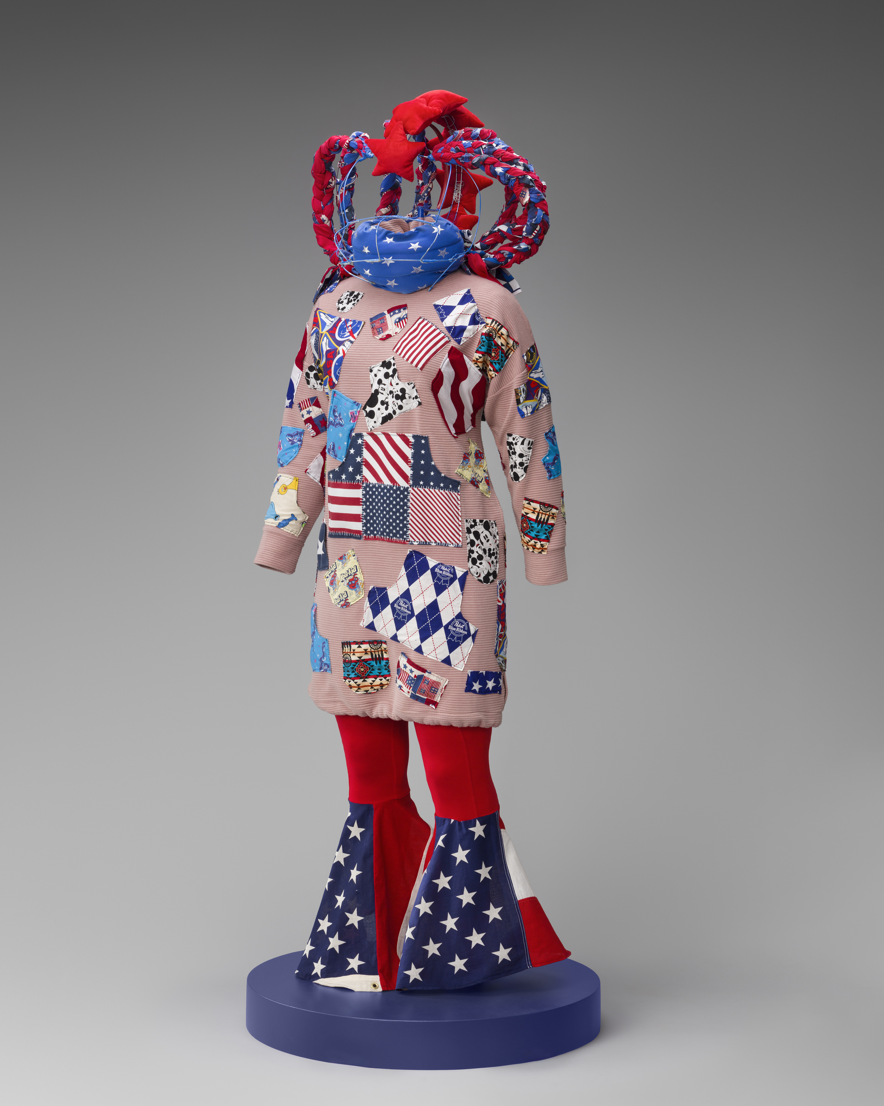 Photo of full-body wearable art in American flag and red white and blue motifs