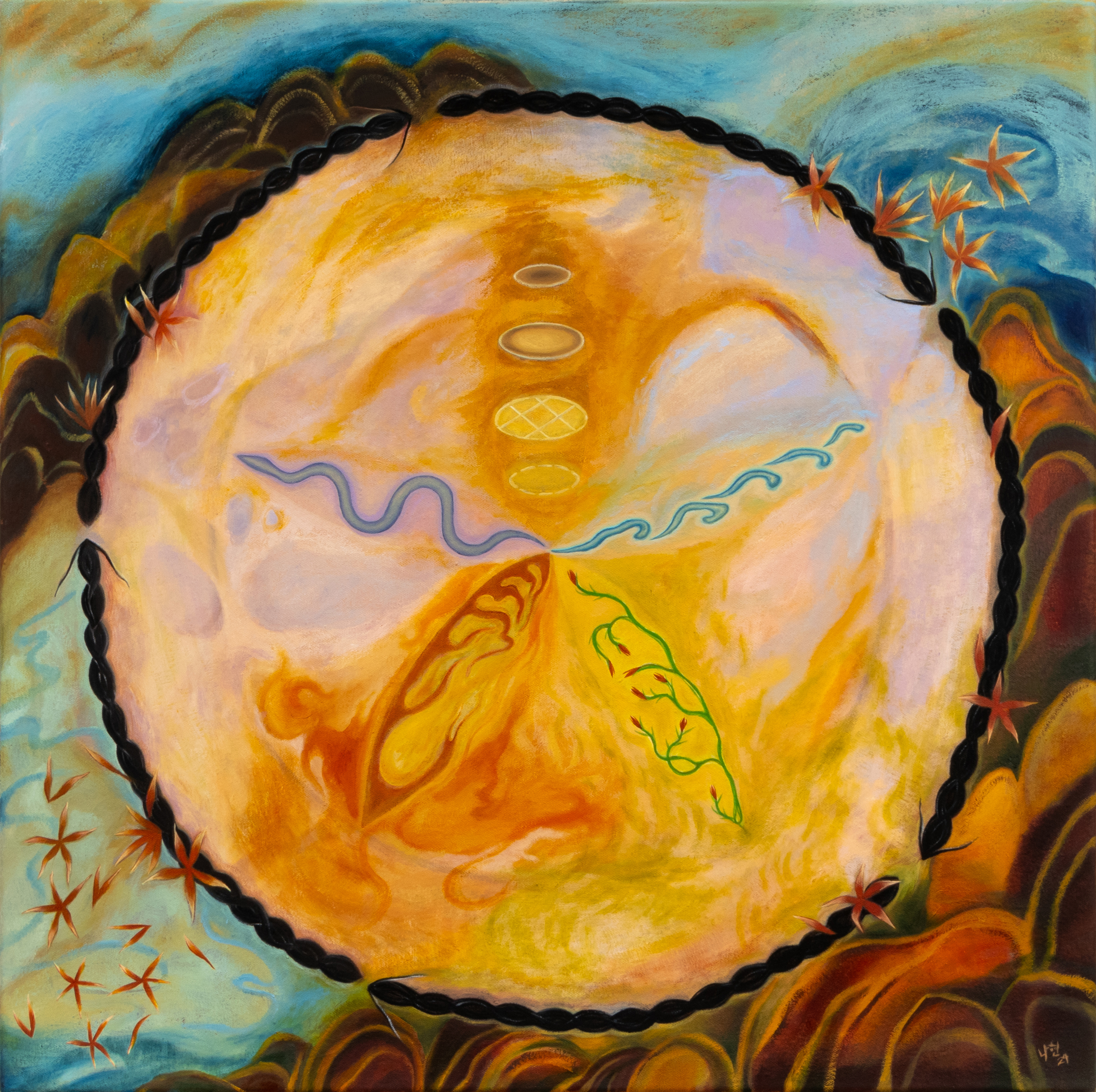 Painting of a circle with five radiating shapes in a colorful, semi-muted pallet