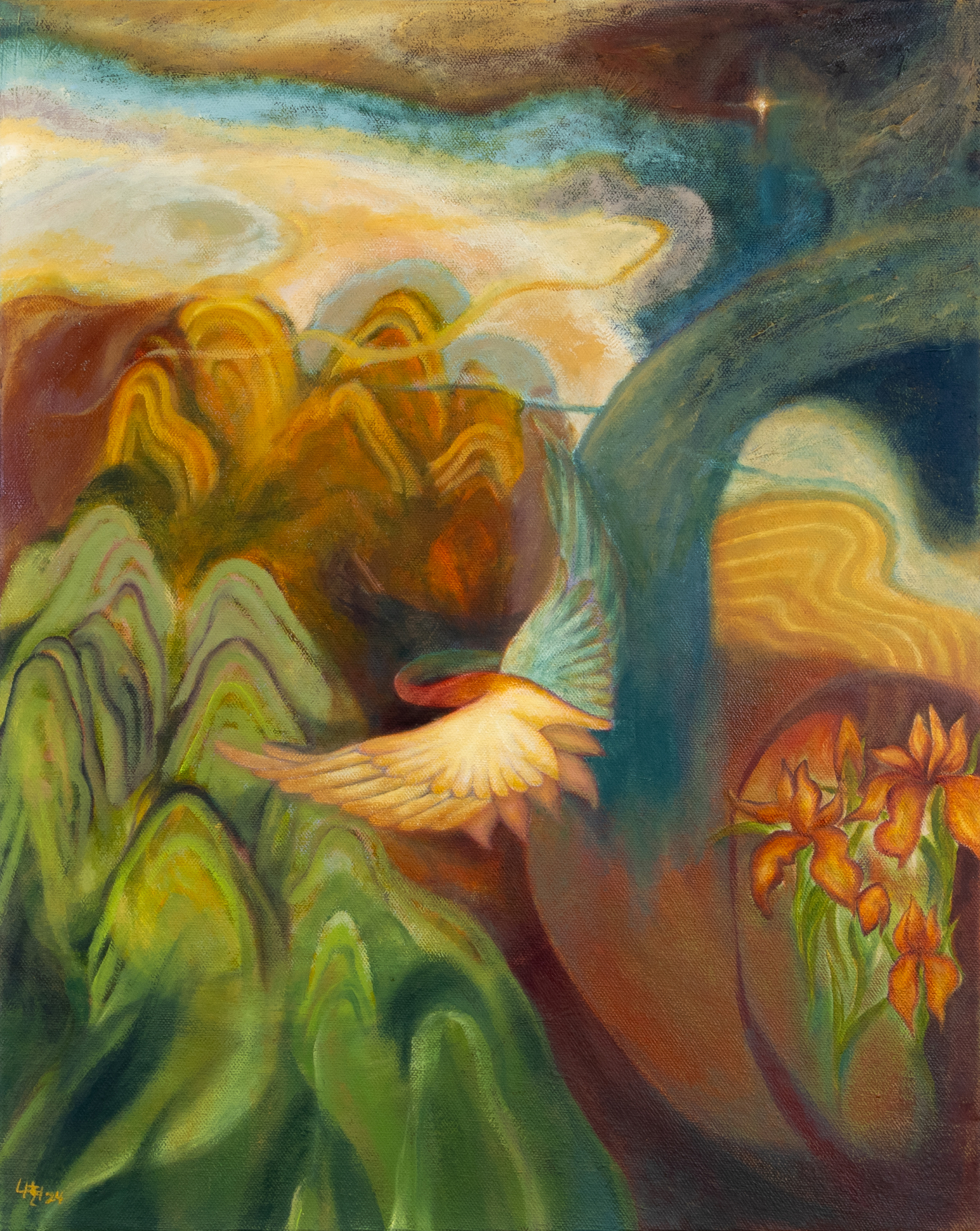 Painting of a white-winged, red-headded bird flying over mountains in a colorful, semi-muted pallet