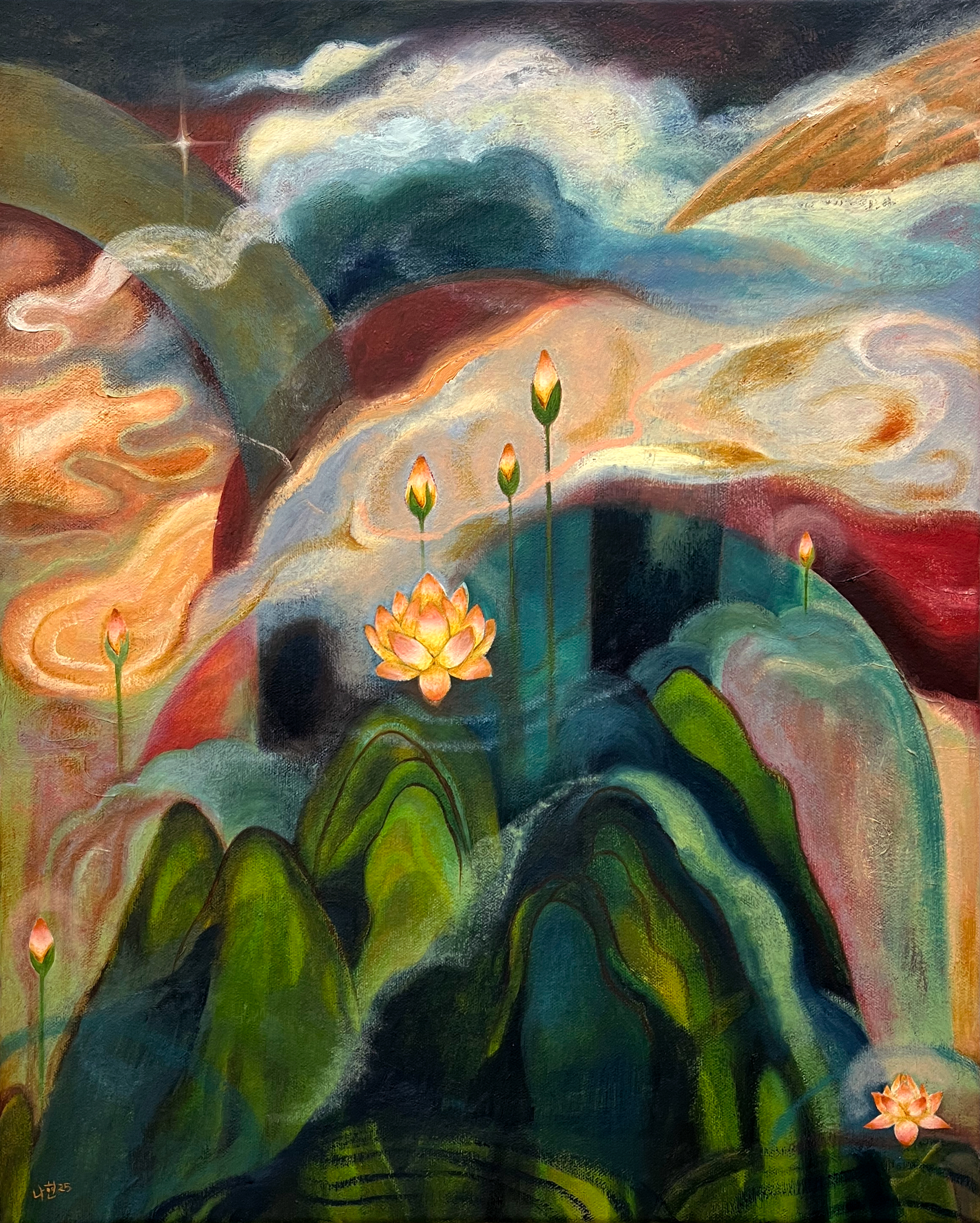 Painting of flowers and mountains in a colorful, semi-muted pallet